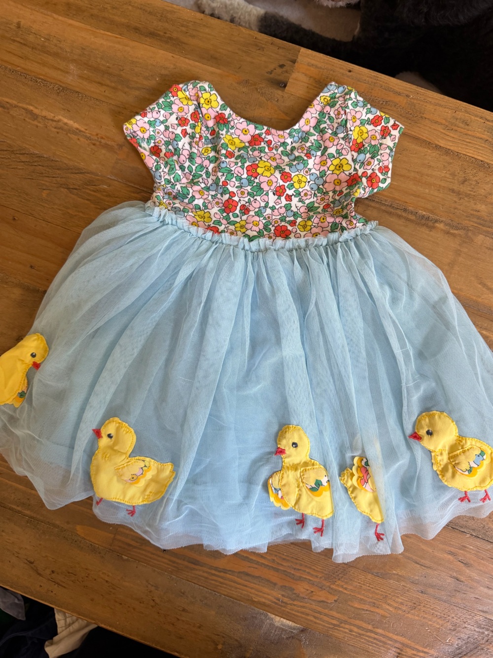 Mini Boden Light Blue Tulle Dress with Floral Bodice and Yellow Duck Appliqués